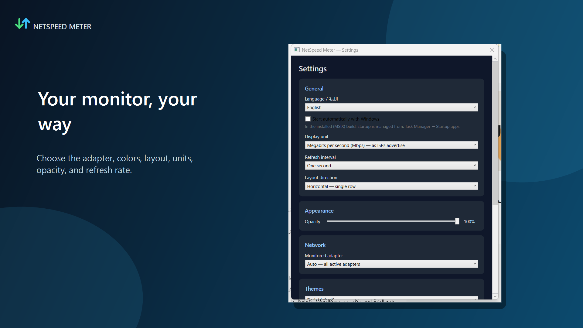 NetSpeed Meter settings with display, adapter and appearance controls